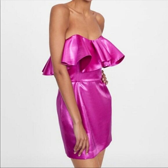 Zara Pink Ruffled Mini Dress Party Strapless M NWT - Picture 1 of 4